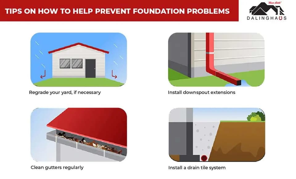 Illustrated tips for preventing foundation problems: regrade the yard, extend downspouts, clean the gutters and add a drain line