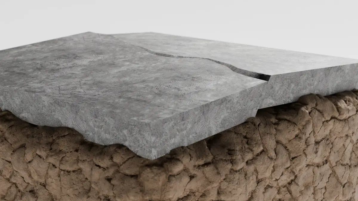 Concrete slab split by a wide crack, with the soil beneath it pulled away and settled