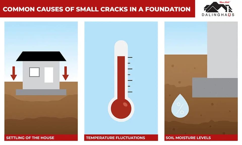 Three panel graphic of what makes small foundation cracks: the house settling, temperature swings and changing soil moisture