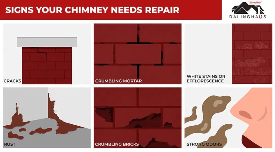 Six panel graphic of chimney warning signs including cracks, crumbling mortar, rust and white efflorescence staining