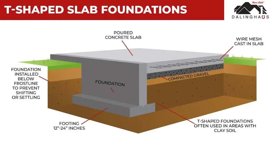 Cutaway diagram of a T shaped slab foundation showing the poured slab, the wire mesh cast in it and the footing below