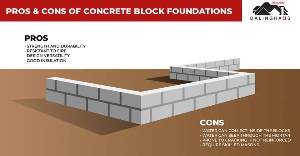 Cutaway illustration of a concrete block foundation listing its strengths alongside its drawbacks