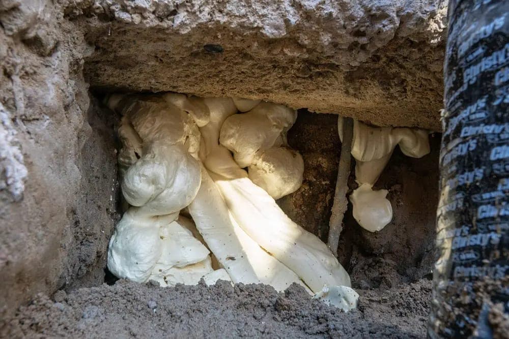 Expanded polyurethane foam filling an excavated void behind a concrete wall