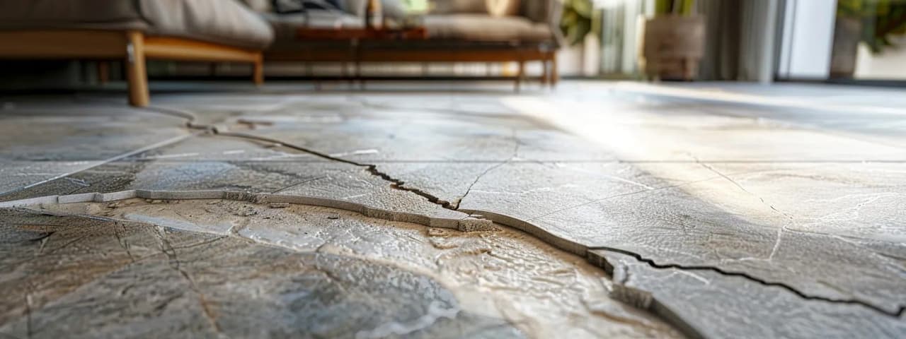 Crack running across a stone tiled floor through several tiles and their grout joints