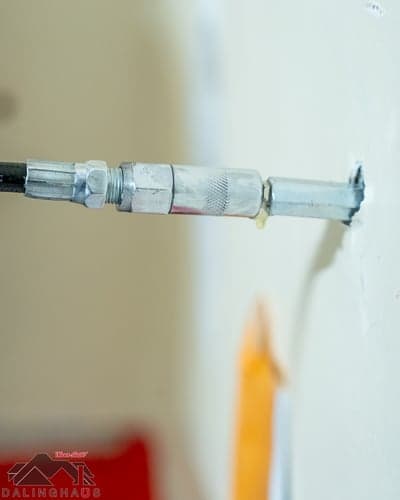 Injection port set into a crack in a wall with a hose attached to fill it, and the Dalinghaus logo in the corner
