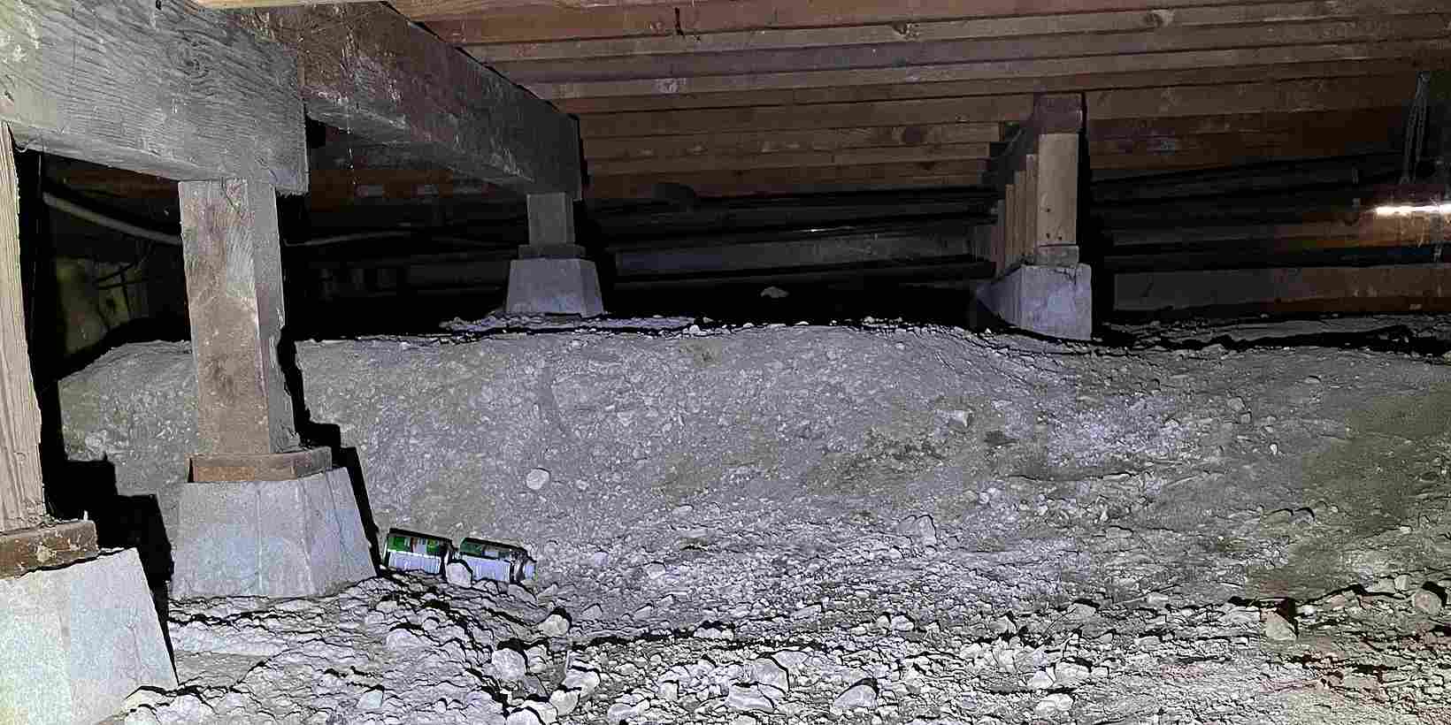 Crawl space with wood posts on concrete pier pads holding up the floor beams over a bare dirt floor
