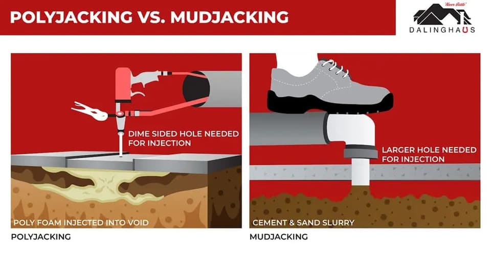 Diagram comparing polyjacking, injected through a dime sized hole, with mudjacking, which needs a much larger one