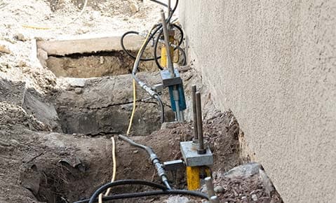 Steel push piers with hydraulic lines set in an excavated trench along the stucco wall of a home