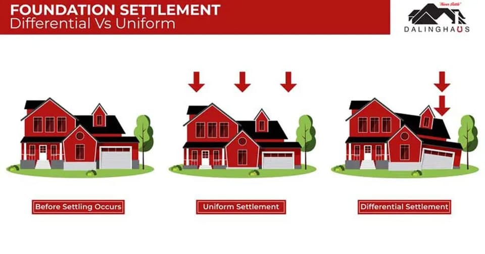 Icon graphic naming five common causes of differential settlement, from expansive soil to poor construction