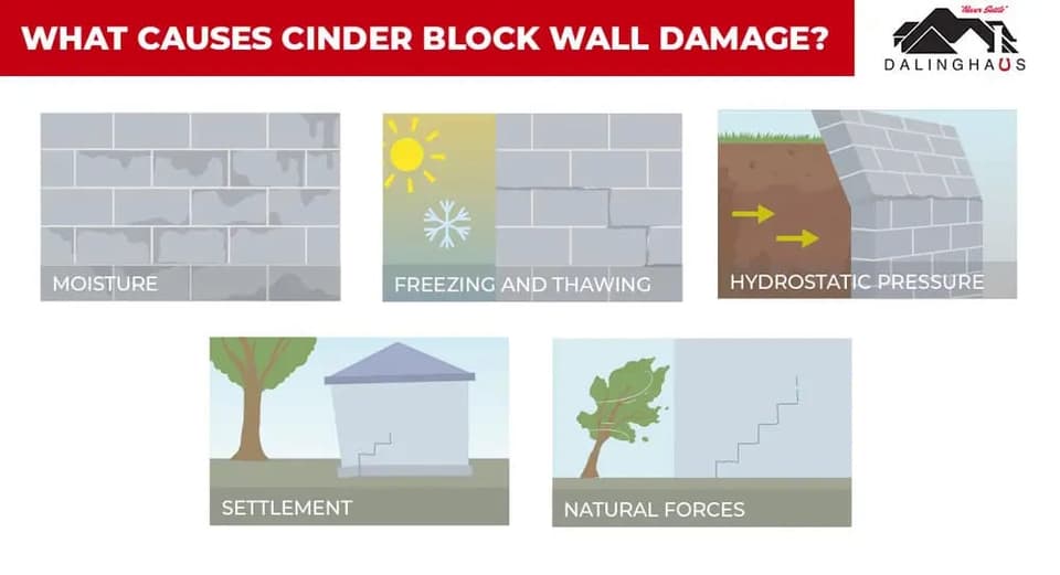 Six panel graphic of what damages a cinder block wall, from moisture and hydrostatic pressure to settlement