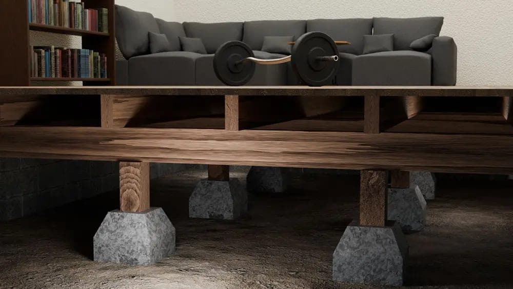 Cutaway view of a living room floor carried on timber support posts set on concrete pier pads