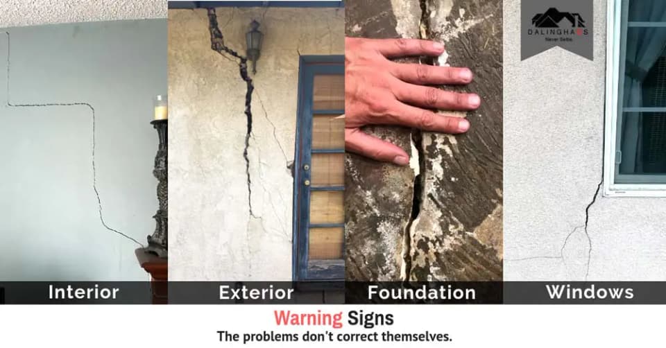 Collage of foundation warning signs: an interior wall crack, an exterior stucco crack, a split foundation and a crack below a window