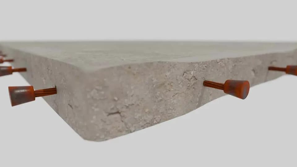 Cutaway render of a post tension slab with its steel tendons running through the concrete