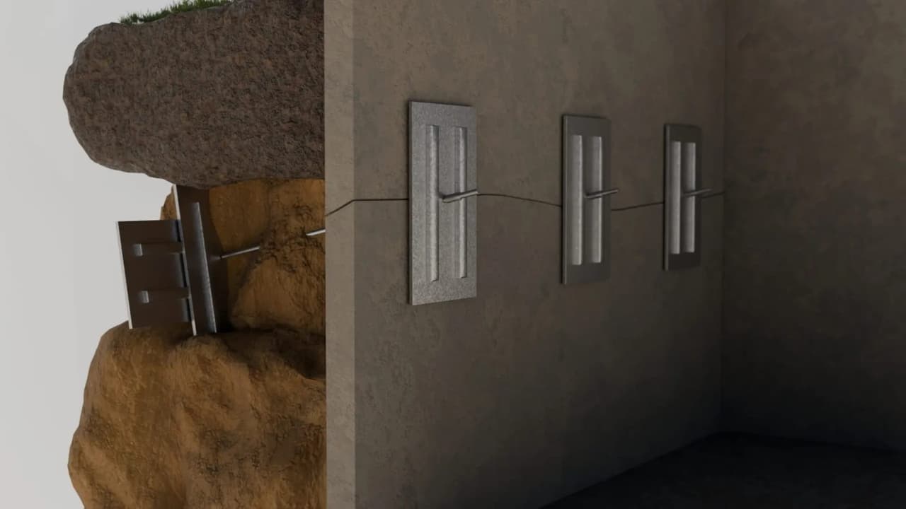 Cutaway render of wall plate anchors tied back through the soil to earth anchors set behind the wall