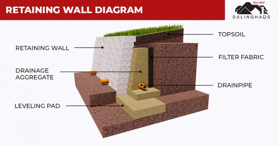 Retaining wall diagram showing the block wall, leveling pad, drainage aggregate, drainpipe, filter fabric and topsoil