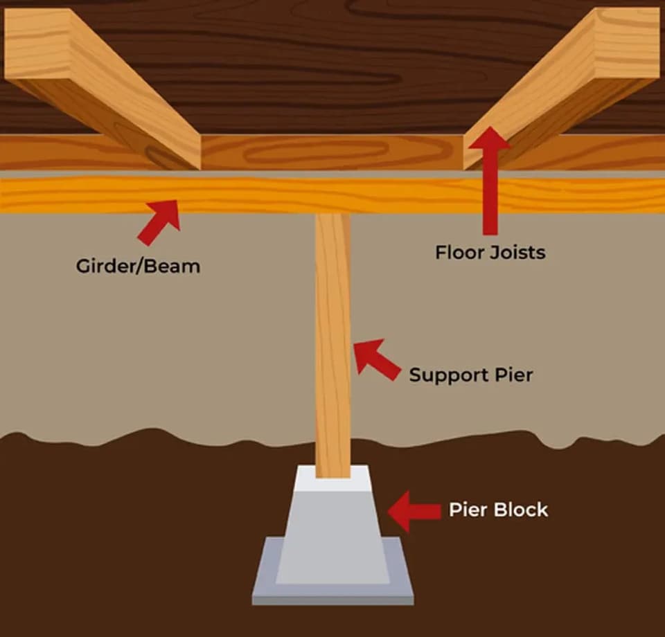 Labeled diagram of a floor structure showing the girder, floor joists, a support pier and the pier block under it