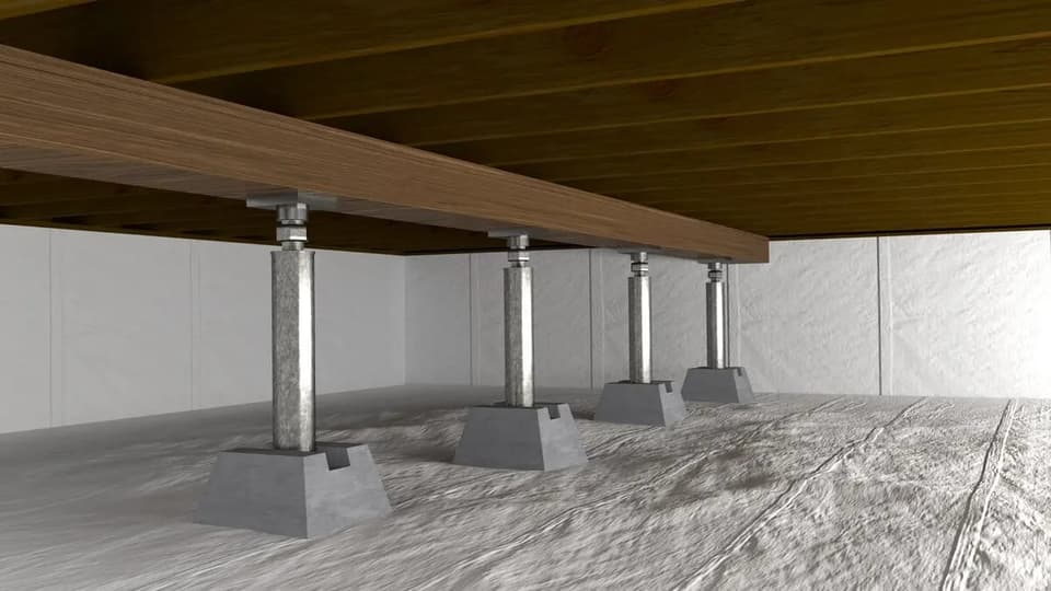 Render of adjustable jack posts on concrete pads supporting a floor beam in a crawl space