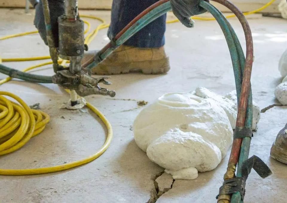 Polyurethane foam rising through a hole drilled in a concrete slab with the injection hose alongside