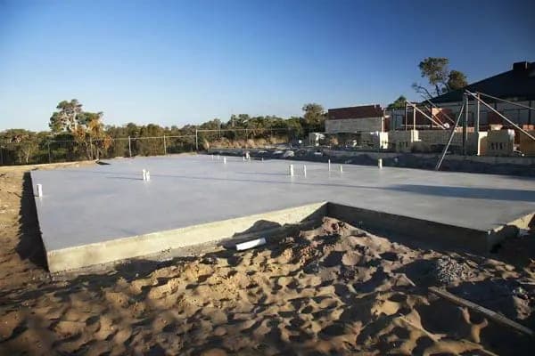 Freshly poured monolithic slab on a residential lot, with the ground prepared around it