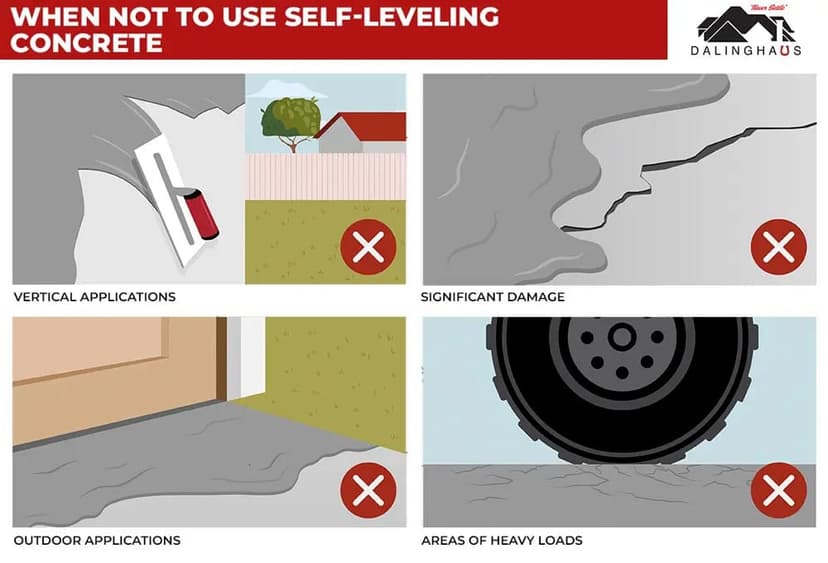Four panel graphic of where not to use self leveling concrete, including vertical surfaces, badly damaged slabs and heavy load areas