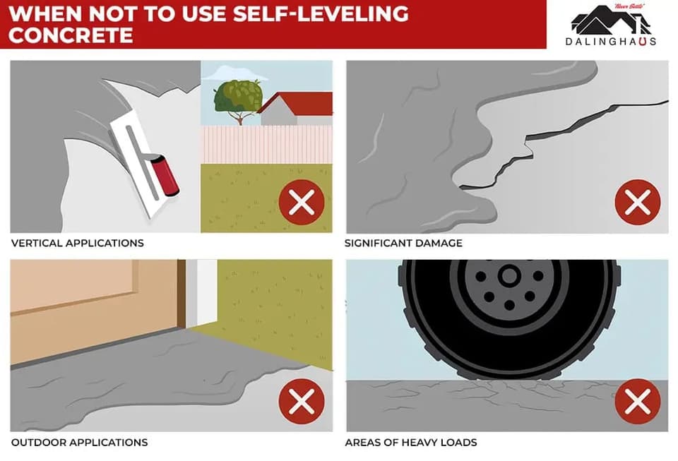 Four panel graphic of where not to use self leveling concrete, including vertical surfaces, badly damaged slabs and heavy load areas