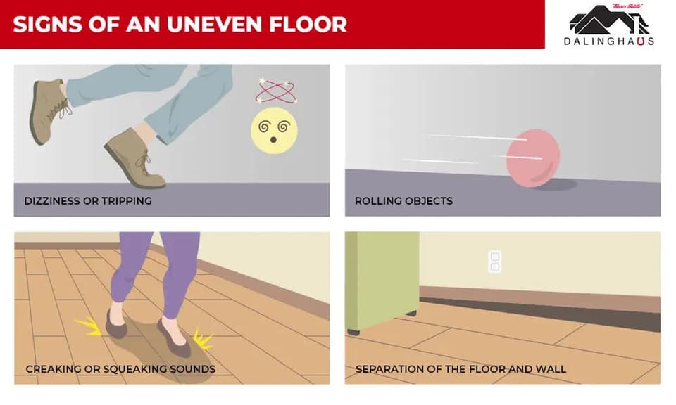 Four panel graphic of uneven floor signs: tripping, objects rolling, creaking underfoot and the floor separating from the wall