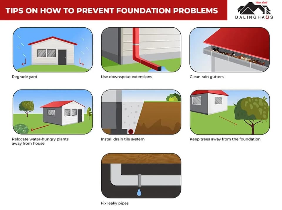 Seven panel graphic of foundation prevention tips, from regrading and downspout extensions to fixing leaky pipes
