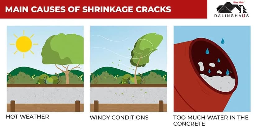 Three panel graphic of what causes concrete shrinkage cracks: hot weather, windy conditions and too much water in the mix