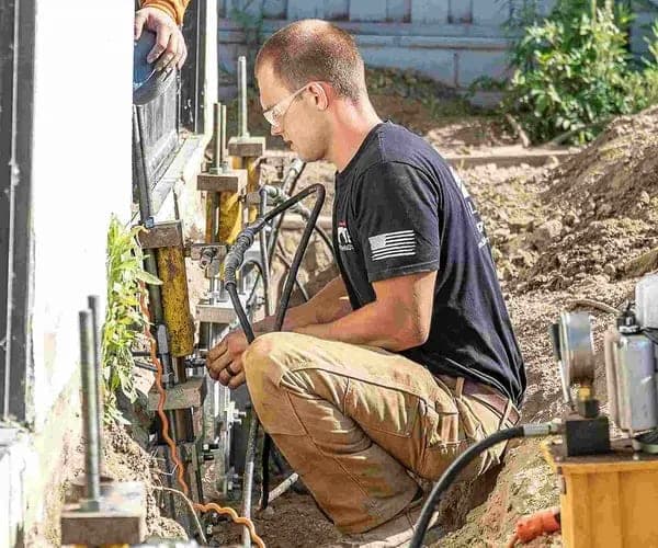 Technician operating a hydraulic drive head to press a steel push pier in beneath a house footing