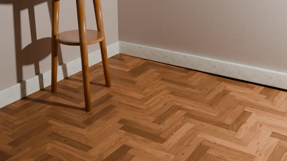 Herringbone parquet floor pulled away from the skirting board, leaving a gap along the wall