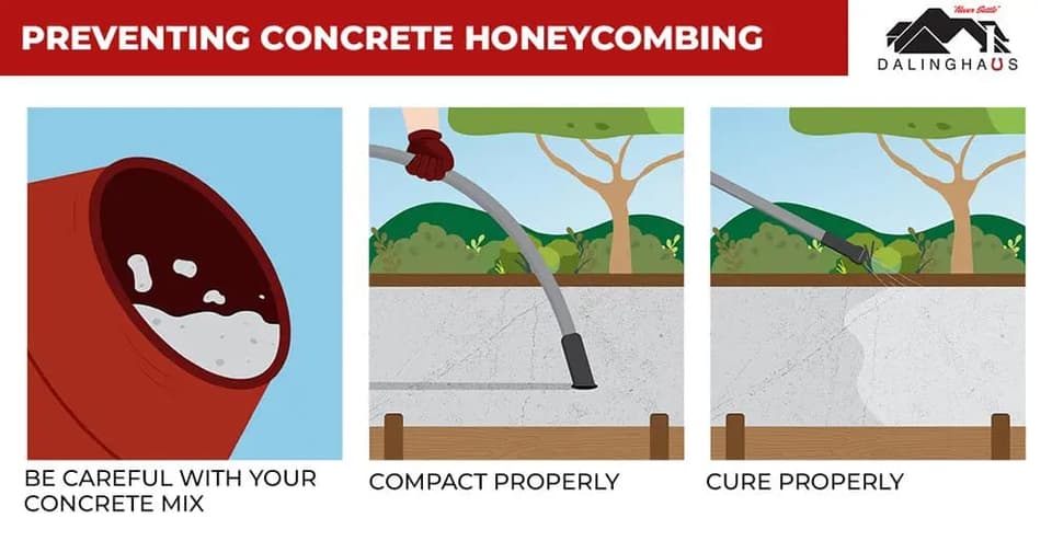 Three panel graphic on preventing concrete honeycombing: mind the mix, compact properly and cure properly
