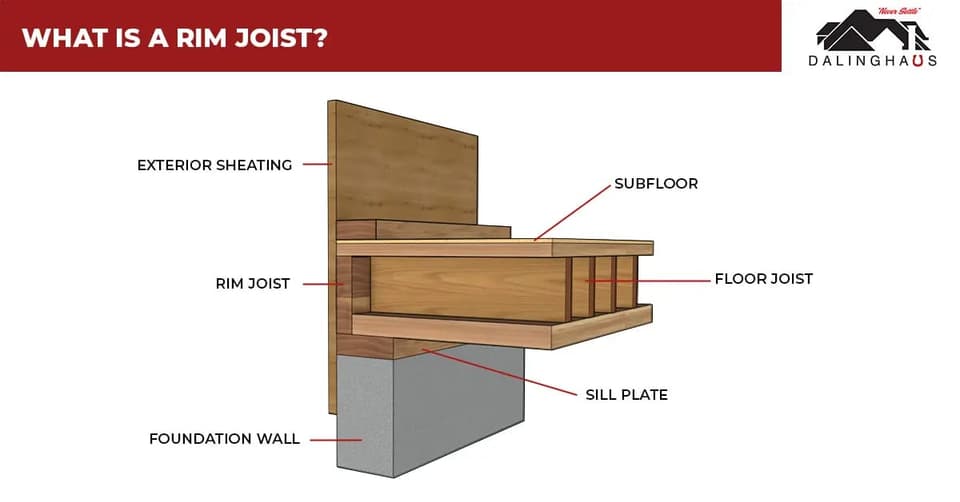 Labeled cutaway diagram of a rim joist, with the sill plate, floor joists, subfloor and exterior sheathing marked