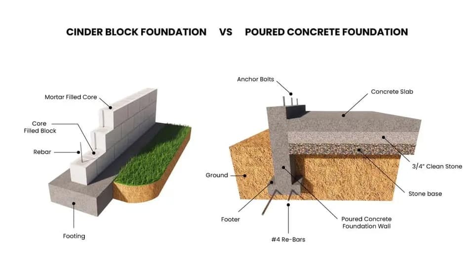 Side by side cutaway diagram comparing a cinder block foundation with a poured concrete foundation