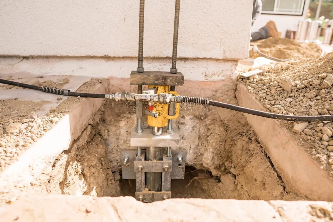 Hydraulic jack and lift bracket set against the concrete footing of a stucco house in an excavated pit