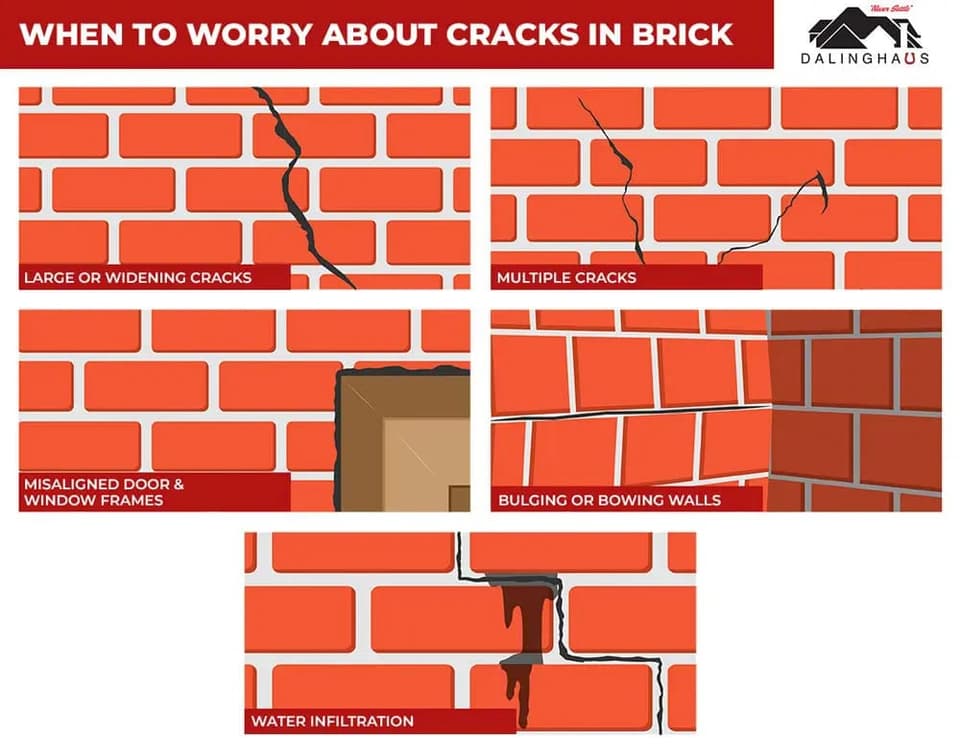 Five panel graphic of brick crack warning signs, from widening and multiple cracks to bulging walls
