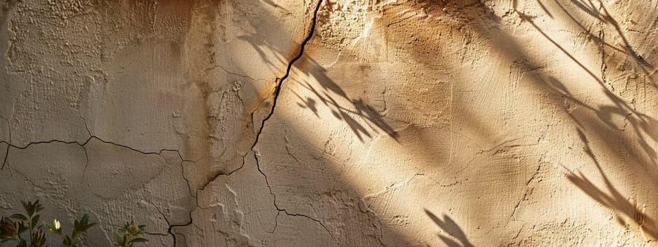 Cracks spreading across a sunlit stucco wall under the shadows of a plant
