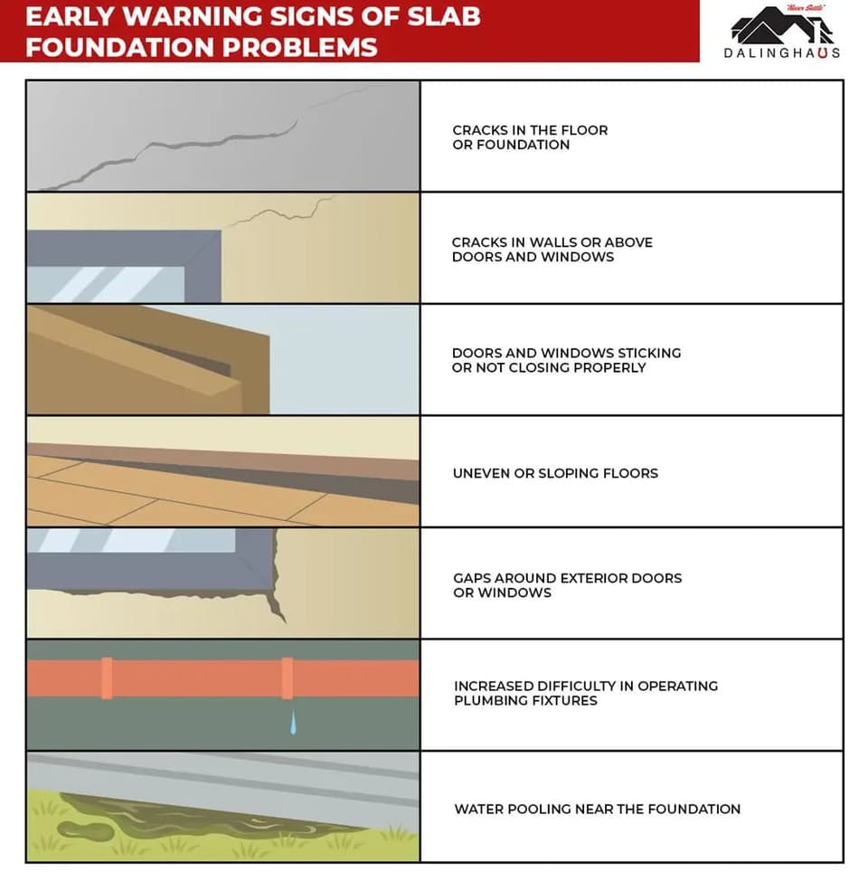 Tall graphic of early warning signs of slab foundation problems, from floor and wall cracks to water pooling near the foundation
