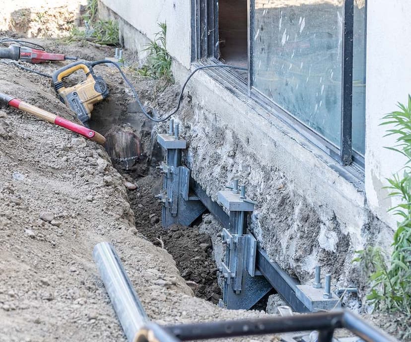 Steel push pier brackets installed under a home's footing in an open excavation