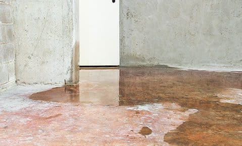 Dalinghaus Foundation Repair inspecting water pooled across a bare concrete floor inside a property