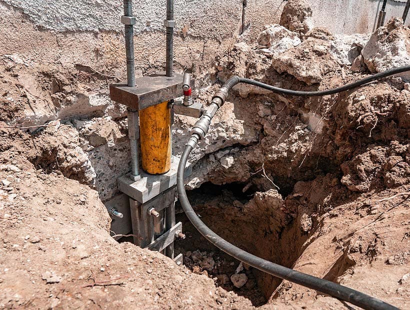 Dalinghaus Foundation Repair installing push piers using a hydraulic jack for foundation stabilization.