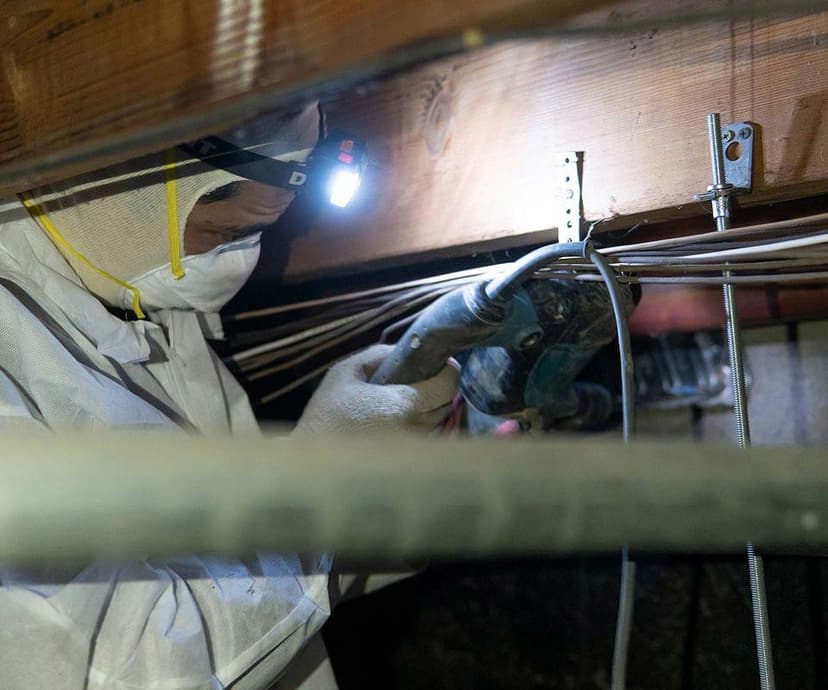 Dalinghaus Foundation Repair technician in protective gear installing support or repairing structural joists in a crawl space