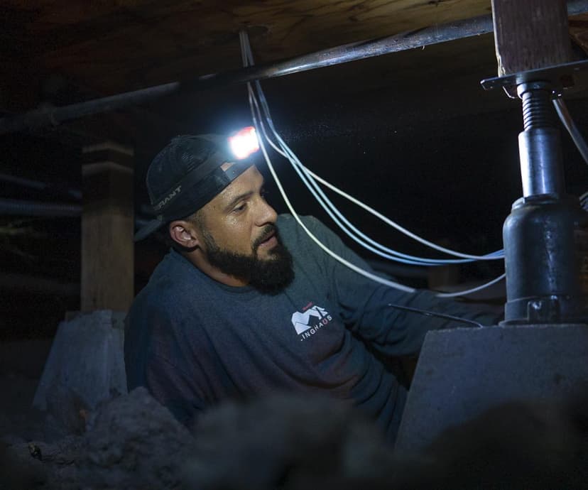 Dalinghaus Foundation Repair installing a crawl space jack to stabilize a sagging floor.