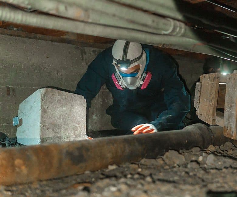 Dalinghaus Foundation Repair technician in protective gear performing a detailed inspection of a crawl space foundation and d