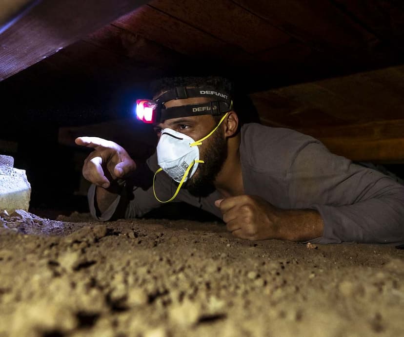 Dalinghaus Foundation Repair technician inspecting crawl space with headlamp and mask.