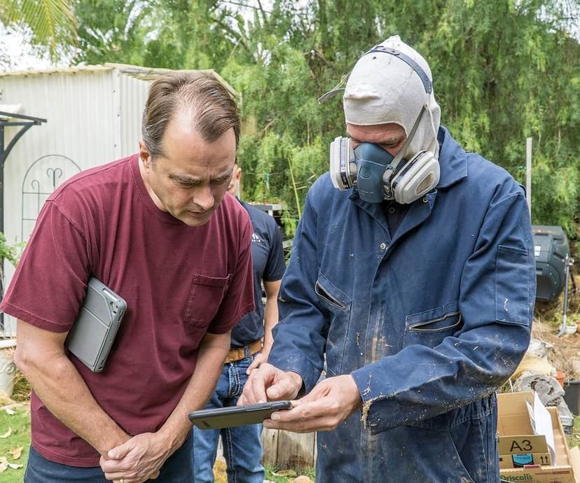 Dalinghaus Foundation Repair technician showing a homeowner inspection photos on a tablet at the property