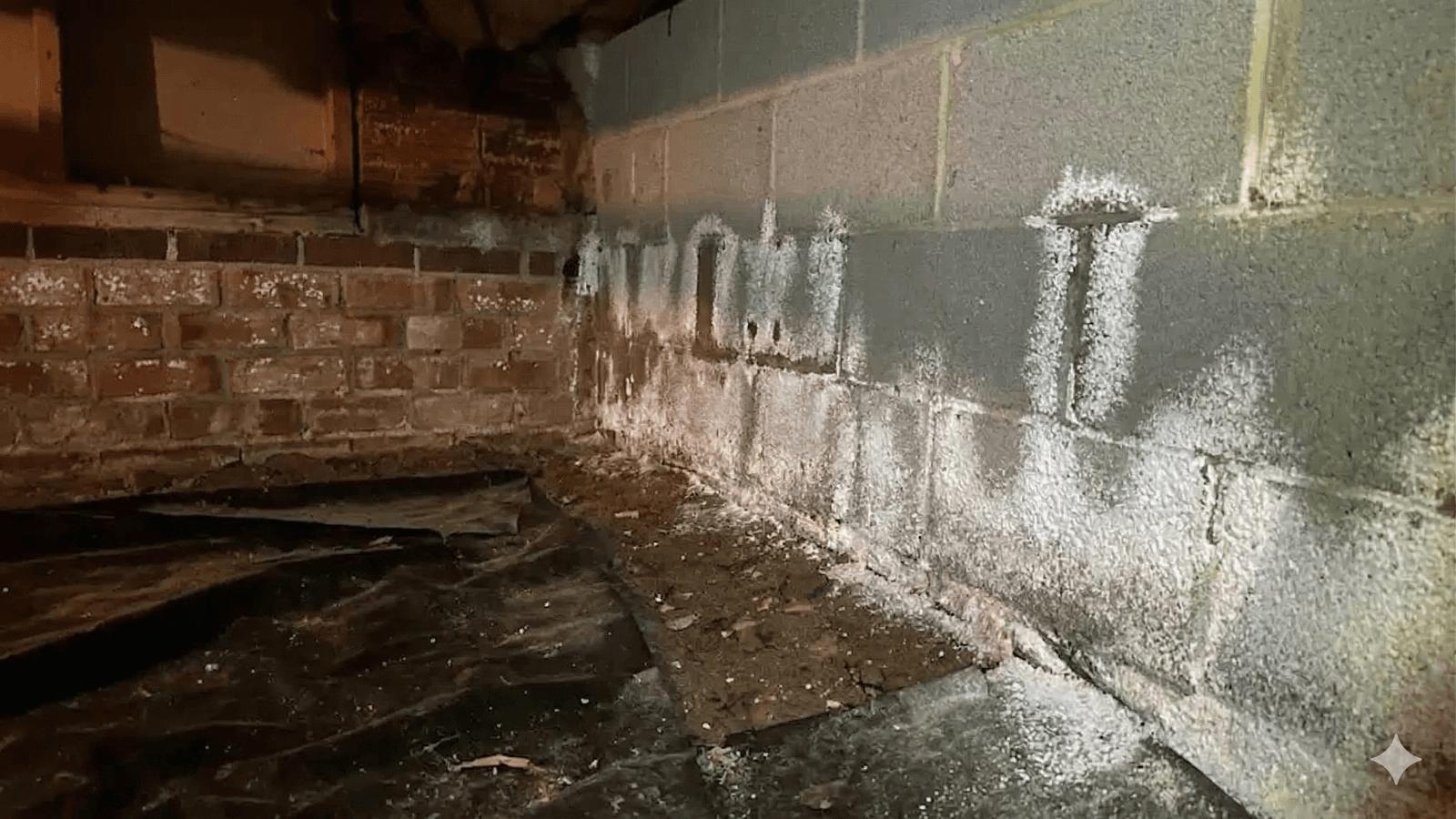 Dalinghaus Foundation Repair investigating severe moisture issues and efflorescence on block and brick walls in a crawl space