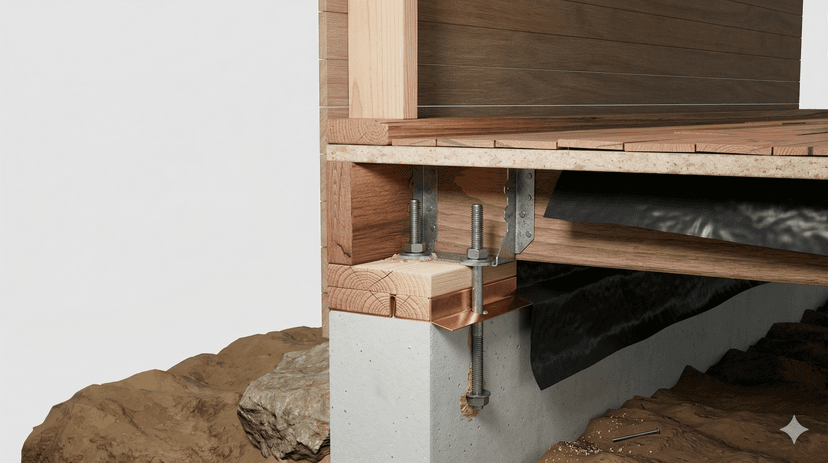 Dalinghaus Foundation Repair demonstrating structural framing and foundation support with anchor bolts and joist connections.