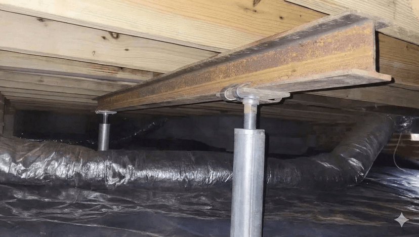 Dalinghaus Foundation Repair steel I beam and adjustable jack installed to carry sagging floor framing in a crawl space