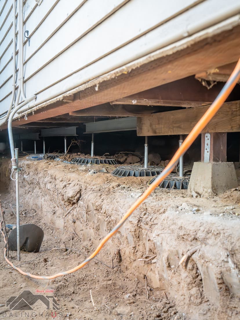 Dalinghaus Foundation Repair installing adjustable steel support posts in a crawl space for foundation stabilization.