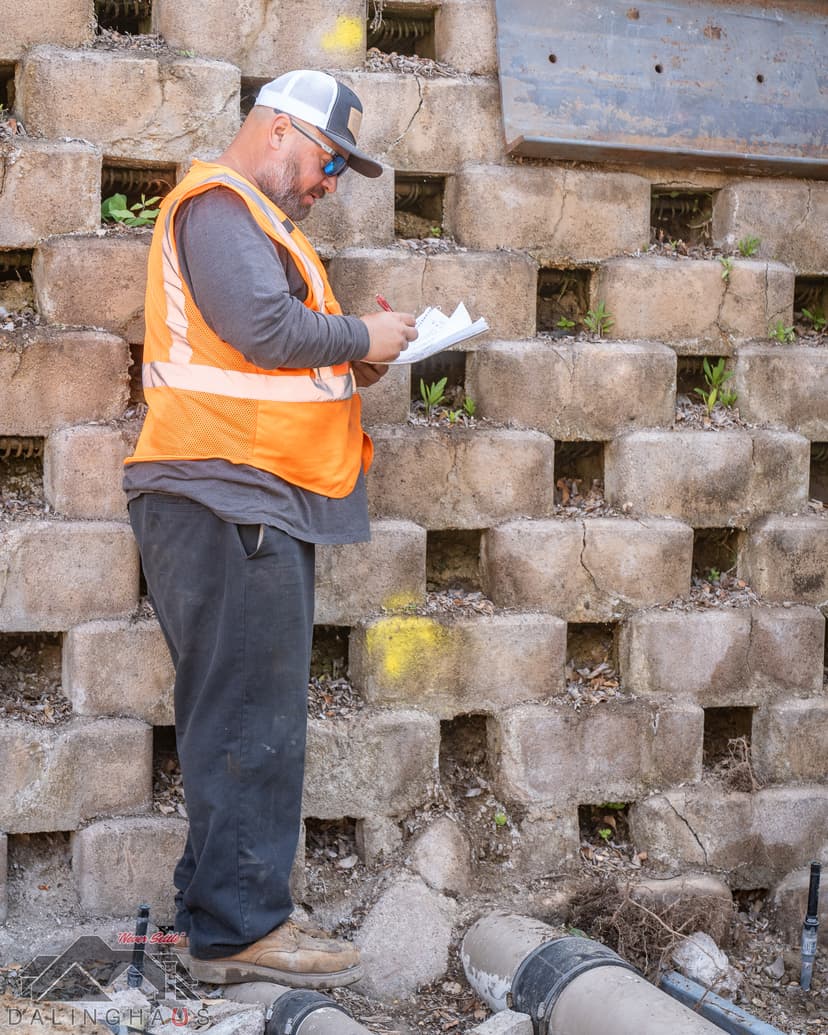 Dalinghaus Foundation Repair technician inspecting cracks and structural integrity of a concrete block retaining wall.